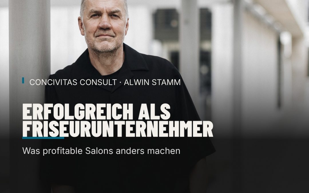 Alwin Stamm, Berater bei Concivitas Consult, lehnt nachdenklich an einer Betonsäule vor moderner Architektur – Beitragsbild zum Artikel Erfolgreich als Friseurunternehmer