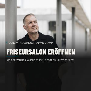Alwin Stamm, Berater bei Concivitas Consult, lehnt nachdenklich an einer Betonsäule vor moderner Architektur – Beitragsbild zum Artikel Friseursalon eröffnen